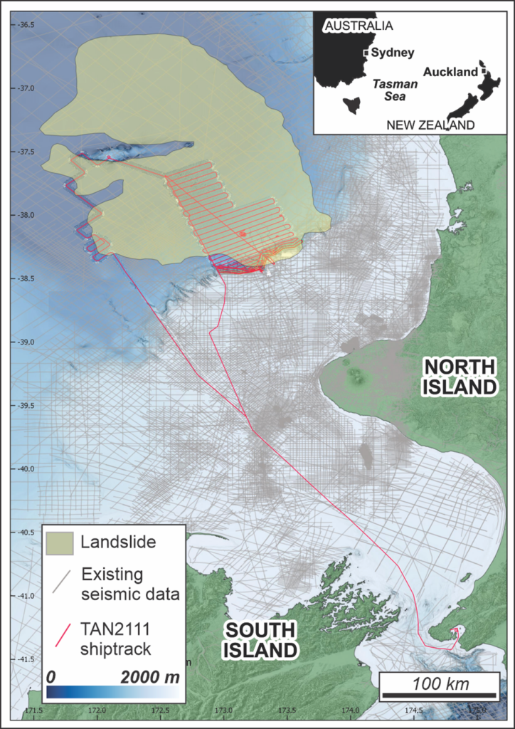 Map showing the study area of the Silent Tsunami project off the western coast of New Zealand as well as the outline of an ancient offshore tsunami deposit and where past seismic reflection data have been collected