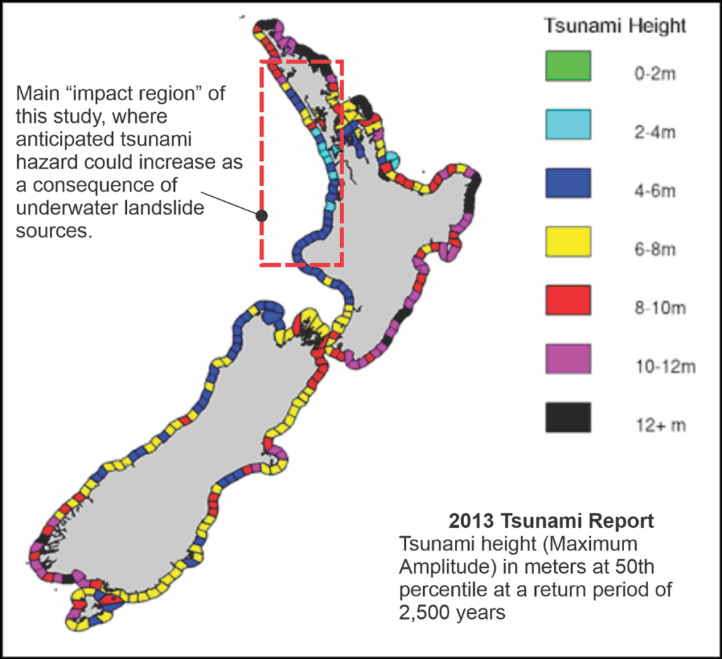 Map indicting potential tsunami heights along the coast of New Zealand