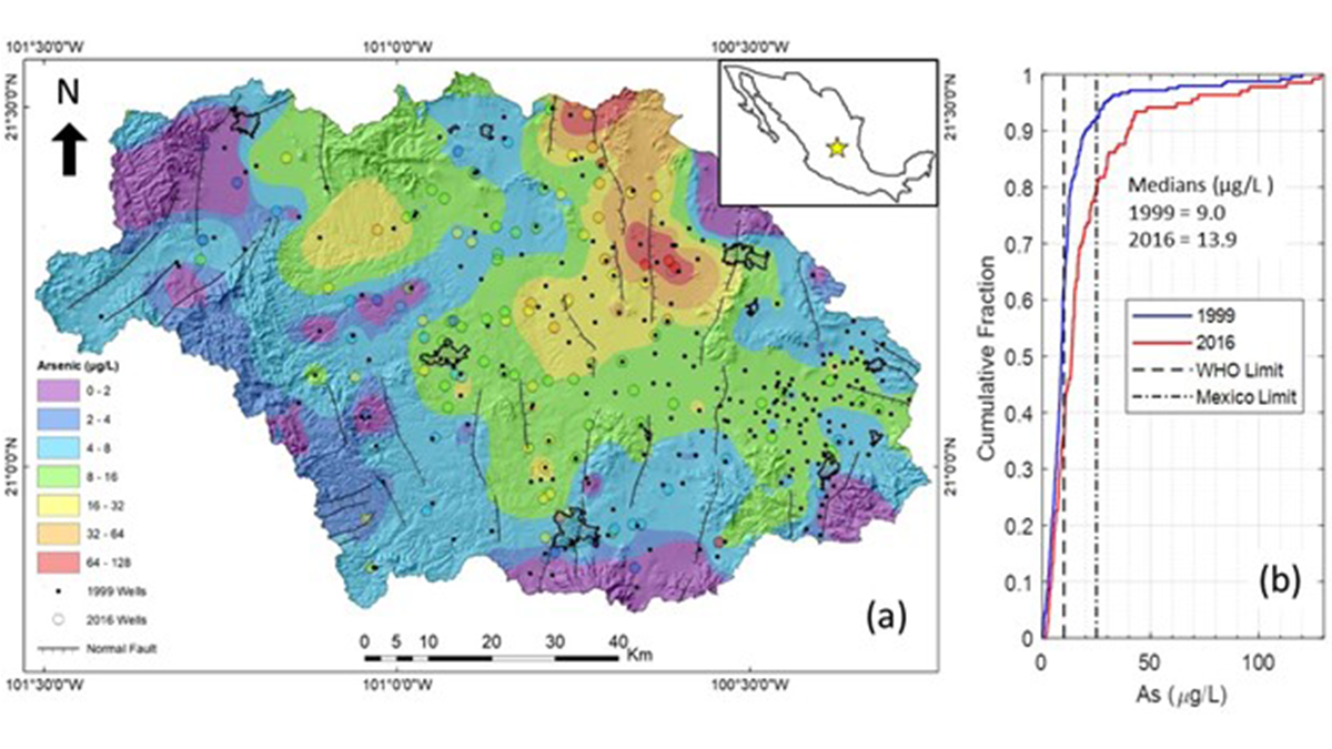 A map of central Mexico that uses different colors to show variations of arsenic concentrations in groundwater.