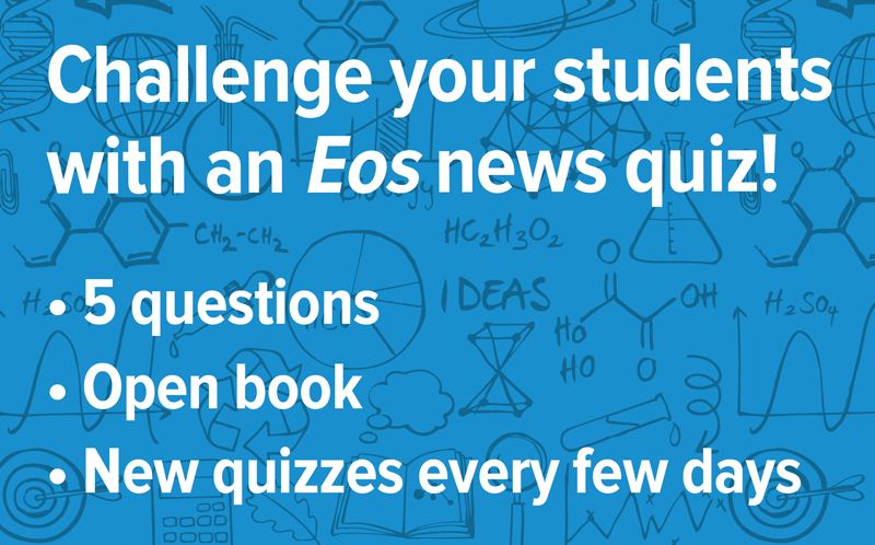Blue background with line art of scientific and eco-conscious images with the following text: Challenge your students with an Eos news quiz! 5 questions, open book, new quizzes every few days