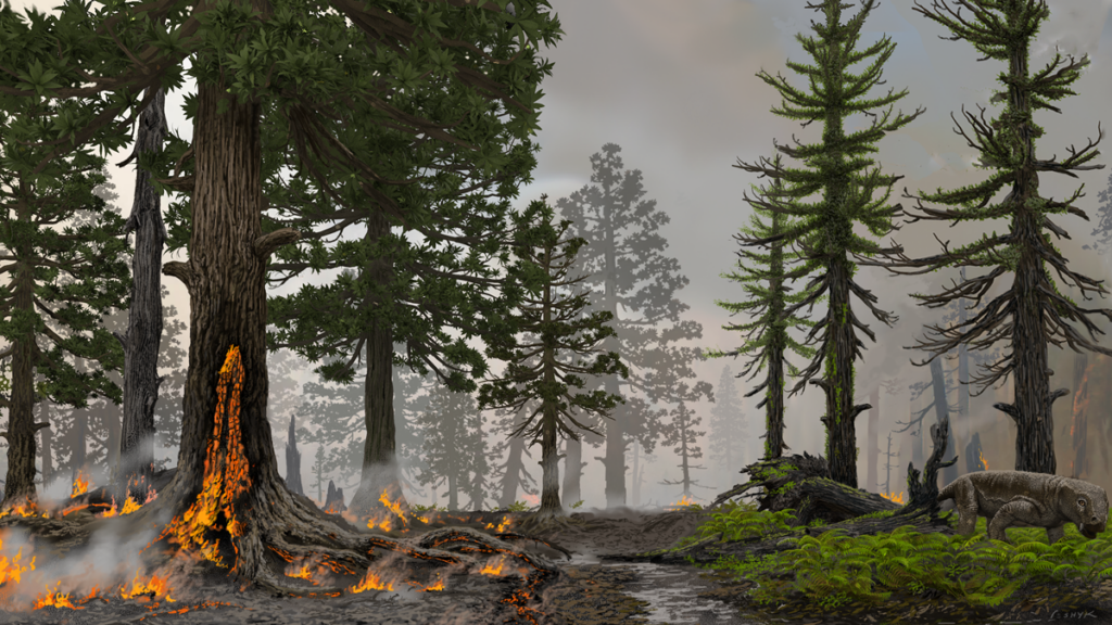 Illustration of wildfire and wetland forest during the end-Permian extinction interval.