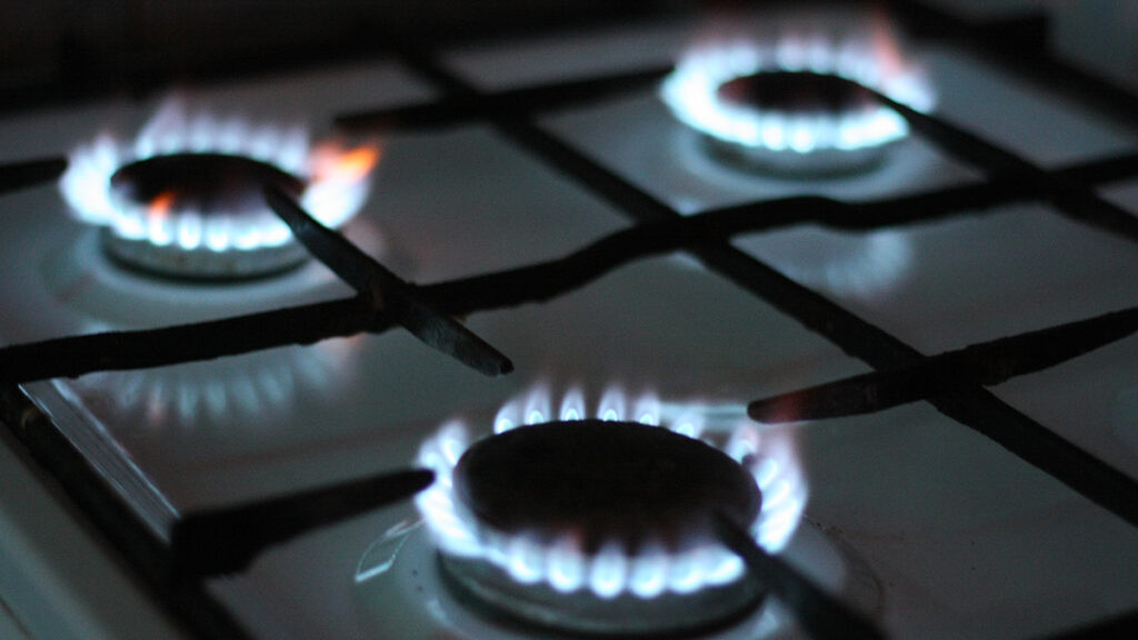 A lit gas stove