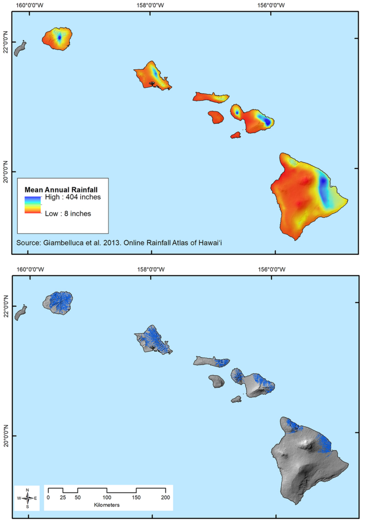 Two maps of the Hawaiian islands detail the rainfall rate (top) and the location of perennial streams (bottom) on the islands. The top map uses a rainbow color gradient to display rainfall rate, with cooler colors for higher rainfall. On each island, there is higher rainfall (blue shading) along the northern and northeastern sides of the islands, whereas the southern and southwestern sides see less rainfall. Similarly, perennial streams, which are marked by blue lines, tend to congregate on the northern and northeastern sides of the islands. The stream map displays gray topographical maps of the islands. In both maps, the islands sit on a light blue background that represents the Pacific Ocean.