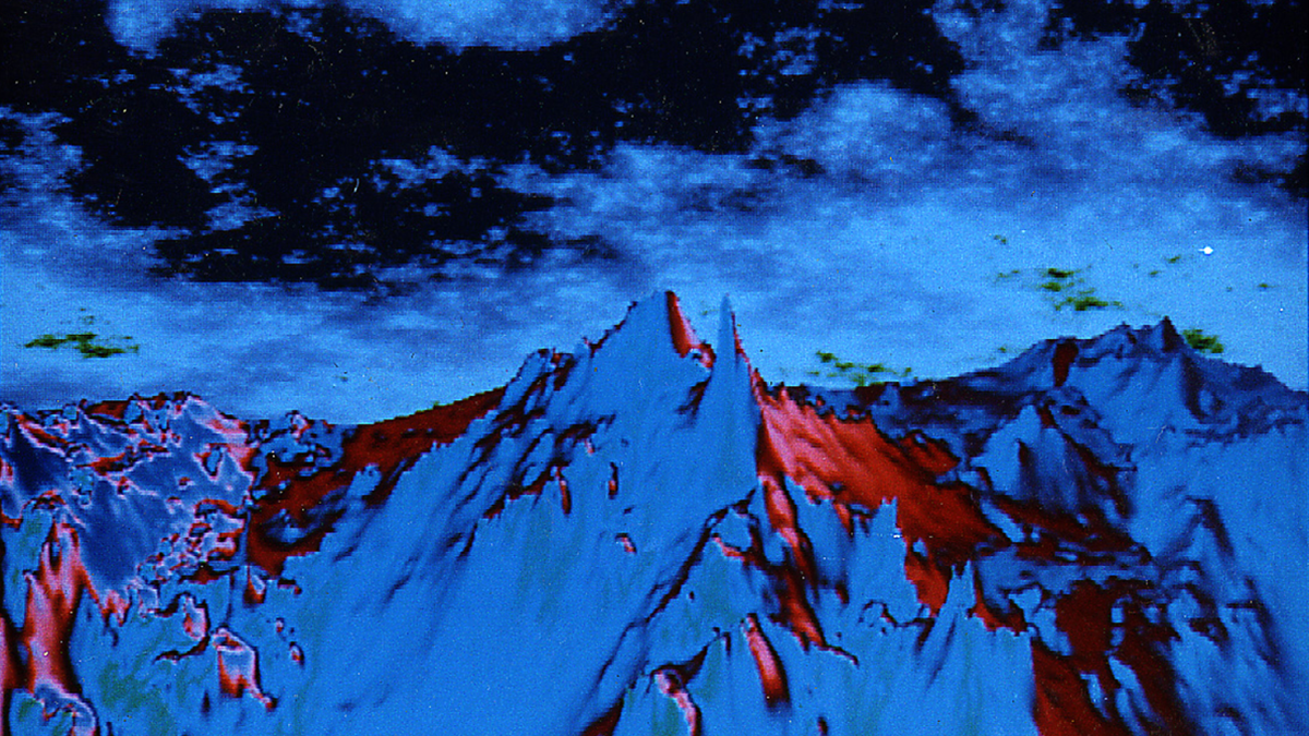 Artificial, numerically generated false-color image in red, blue, and black hues that appears to show a mountain range under a cloudy sky