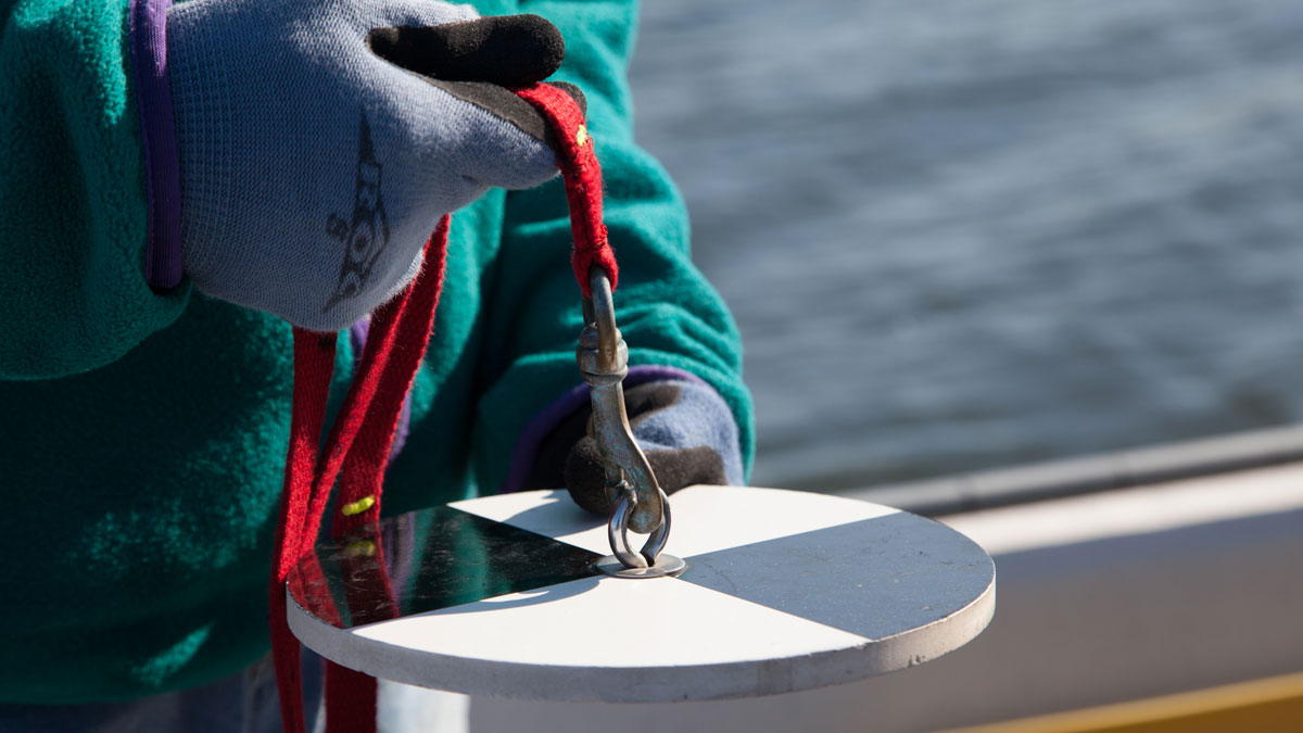 A black and white Secchi disk being held by a person