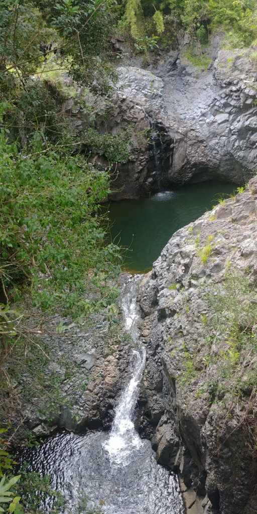 A run of freshwater streams and pools sits in a lush green forest. One small stream is visible at the top of the image, which feeds into a placid pool carved out among large rocks. The water in this pool is a deep blue green. That pool streams down over the rocks into a smaller, more turbulent pool at the bottom of the image. Some of the rocks are covered with a light green moss.