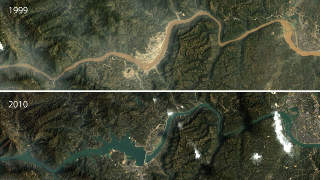 Satellite images of the Yangtze River in 1999 and 2010, showing a radical reduction in suspended sediment