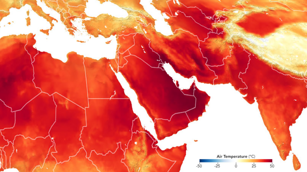 Map of the Eastern Mediterranean and Middle East with air temperatures shown with color.