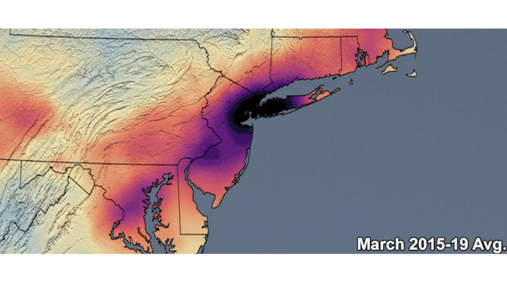 Dynamic map of the east coast of the United States that uses color gradient to show changes in NO2 changes during the pandemic.