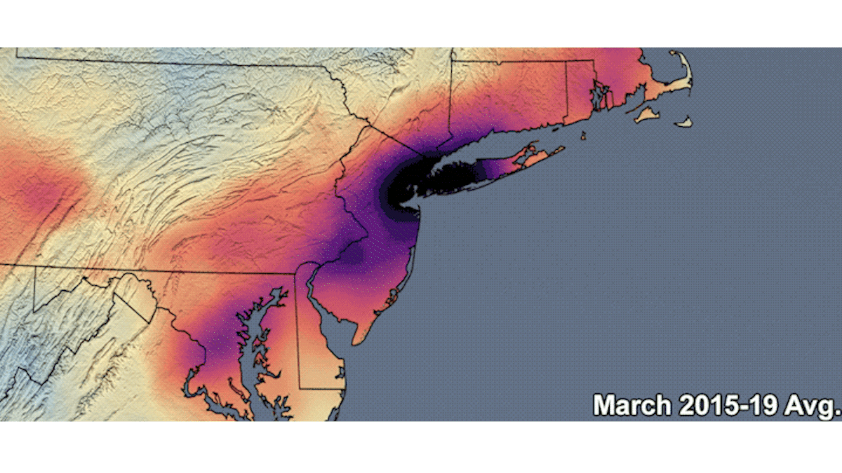 Dynamic map of the east coast of the United States that uses color gradient to show changes in NO2 changes during the pandemic.