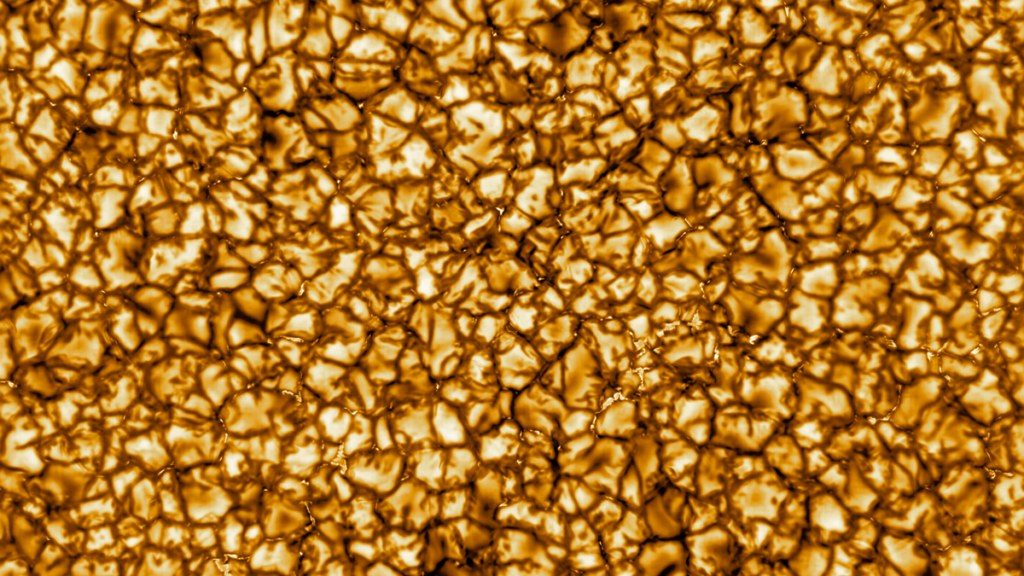 A high-resolution image of the Sun that showcases the granular structure of the surface. The image is filled by tightly packed convection cells, each of which looks like kernel of golden corn. No two granules are the same shape; some are triangular, but the majority are irregular polygons. The cells are the bright golden yellow of hot upwelling material, and the edges of each cell are the darker gold of cooler downwelling material.