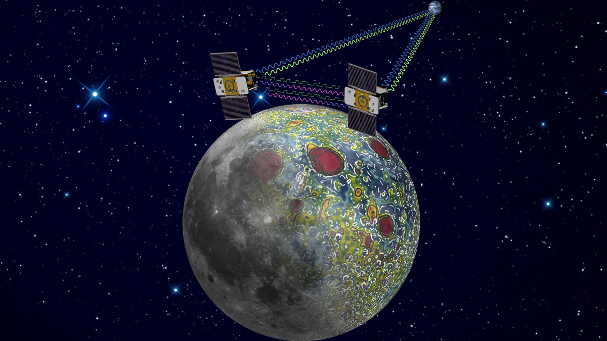 Illustration of two spacecraft near the Moon, with Earth in the background.