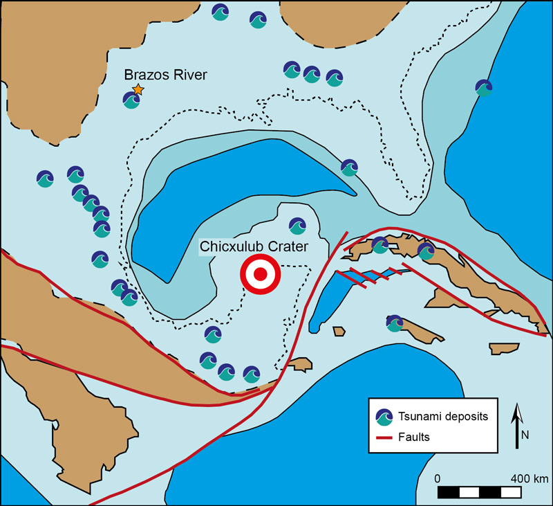A map of the Gulf of Mexico at the end of the Cretaceous, showing the relationship between the Brazos River deposits and the Chicxulub impact site