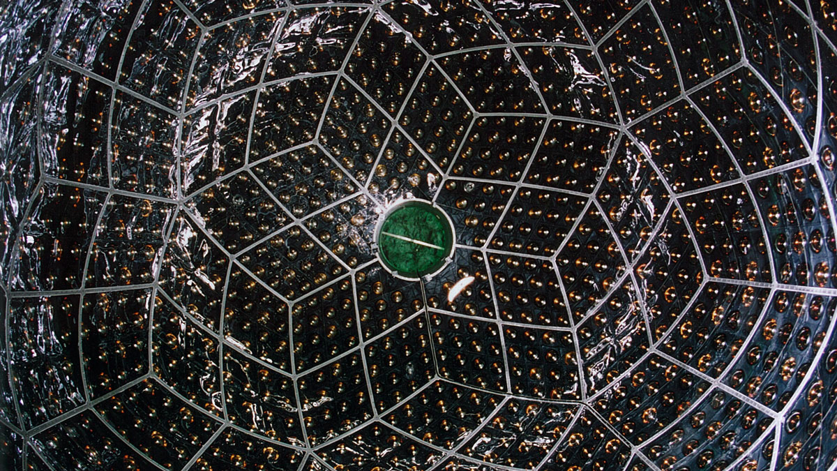 The inside of the KamLAND antineutrino detector comprises a grid of tessellated segments, parallelograms and trapezoids, that fit together to form a sphere. Each segment of the detector, which is black, has 16 sensors, which are gold, arranged in a 4 by 4 pattern. Each segment is connected by a white border. At the center of the detector, and image, is a green circle.