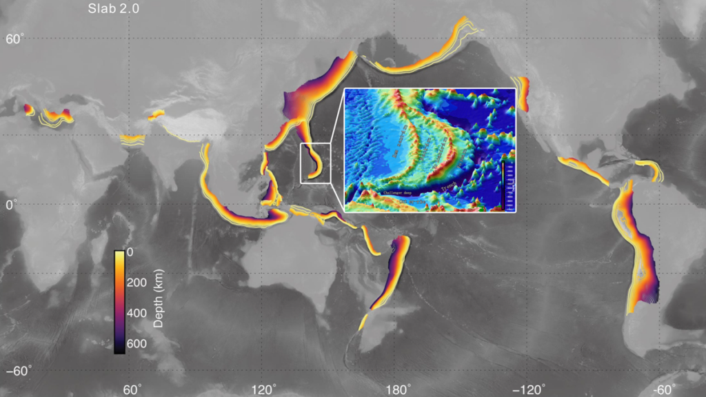 A global map of subduction zones. The Mariana Trench is near the center with a zoomed-in image of bathymetry.