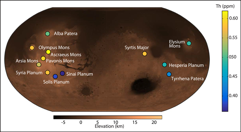 Map of concentrations of thorium in various volcanic provinces on Mars