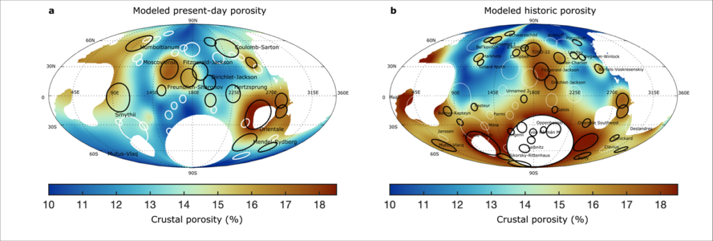 Maps of the Moon showing how the porosity of its crust has changed from its early history to today.