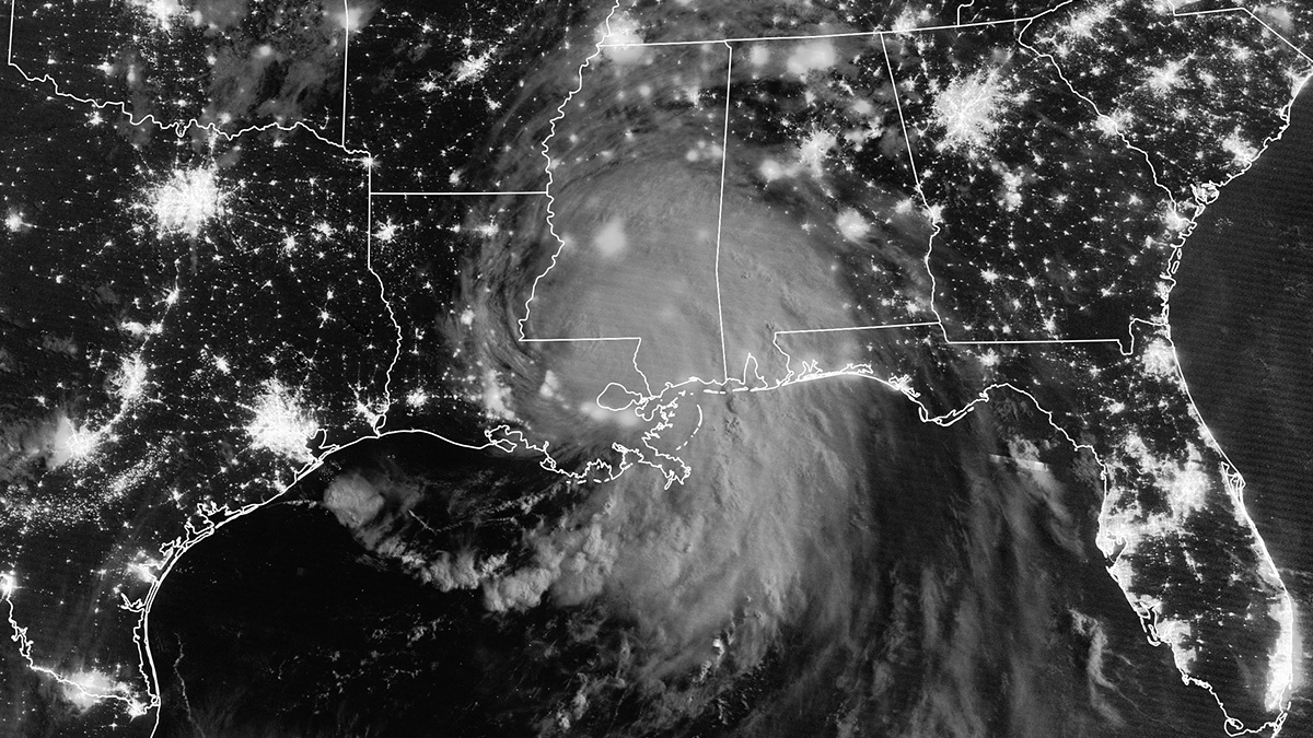 Aerial image of a spiral storm over the southern United States
