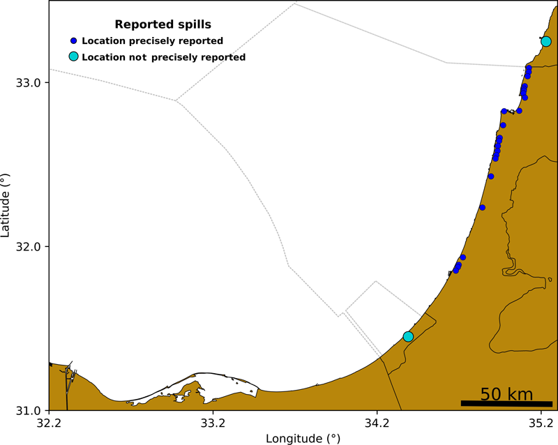 Oil and tar were observed in many locations along the coasts of Gaza, Israel, and Lebanon in February 2021.