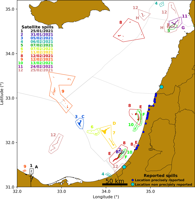 Analysis of synthetic aperture radar data from Sentinel-1A and -1B between 25 January and 25 February revealed various oil slicks in the eastern Mediterranean.