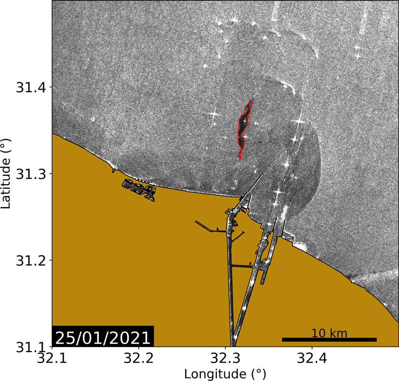 Satellite radar imagery taken over Port Said, Egypt, at the entrance to the Suez Canal on 25 January 2021 shows evidence of an oil spill.