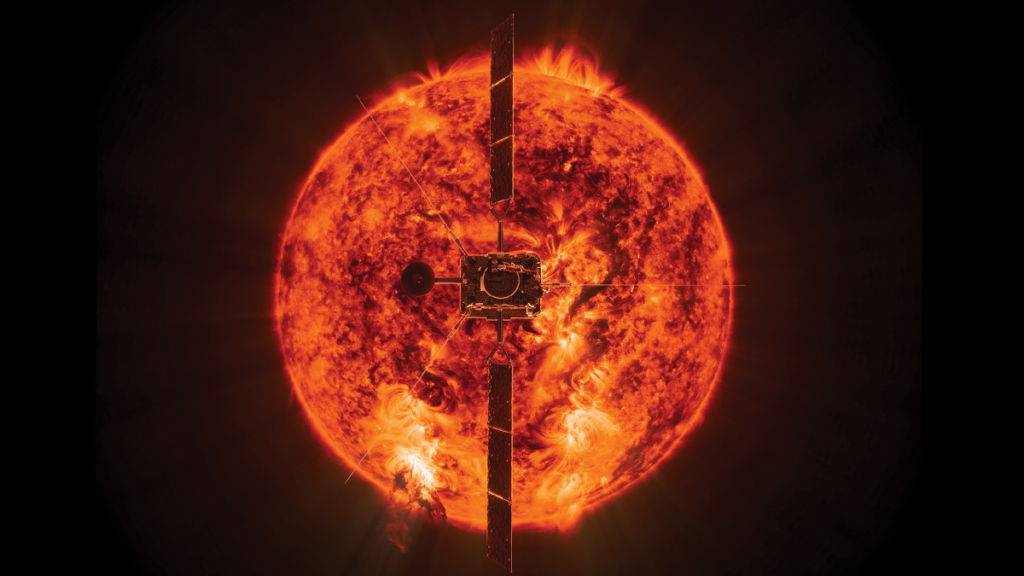 An illustration of the Solar Orbiter positioned in front of the Sun.