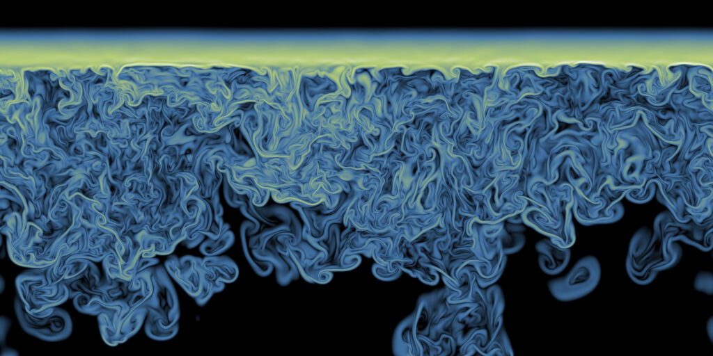 Eddies of different shapes and sizes are seen in this simulation of the turbulent structure of a stratocumulus cloud top.