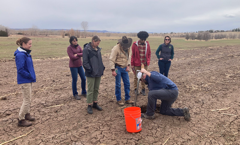 A soil health specialist demonstrates the installation of soil moisture probes in cracked, dry earth.