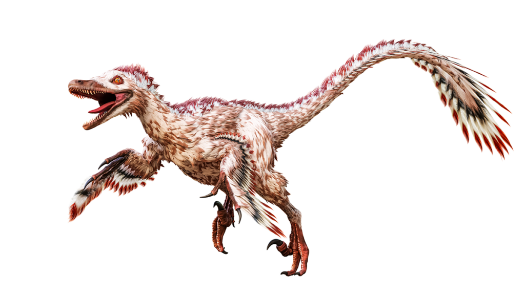 A Velociraptor with white, black, and red feathers runs with its mouth open.