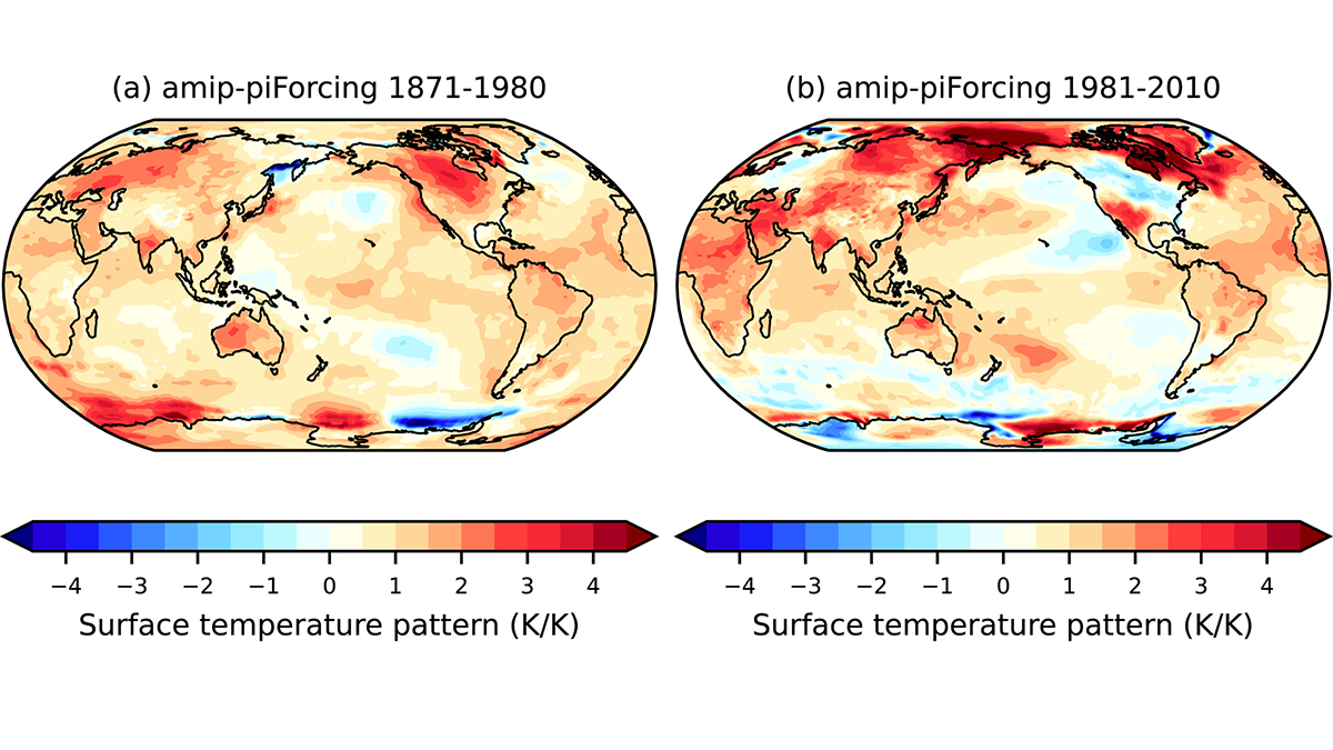 Two maps showing surface temperature with different colors. The first map is for the period of 1871-1980 and the second is for the period of 1981-2010.