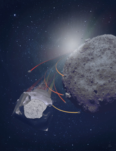 Illustration of small pebbles streaming away from an asteroid based on the Aguas Zarcas meteorite