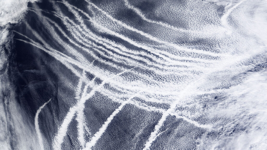 Satellite image of clouds and ship tracks in the Pacific Ocean south of Alaska