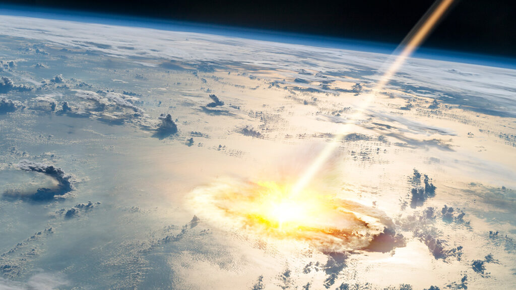 Artistic interpretation in which part of Earth is seen from above, and a bright trail of light pierces clouds and ends in what looks like an explosion