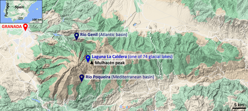 Physical map of Spain’s Sierra Nevada with select locations labeled. An inset indicates the location of the main map on the Iberian Peninsula.