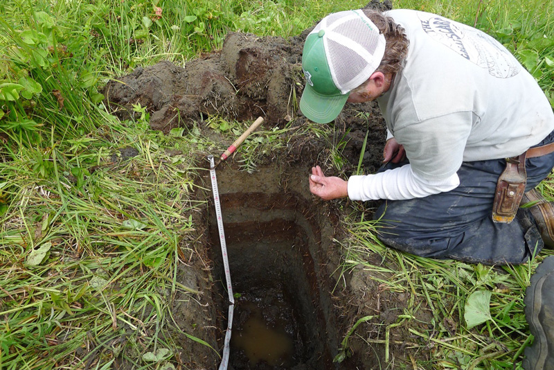 A scientist crouches beside and peers into a rectangular pit that exposes different layers of sediment below the grassy surface.