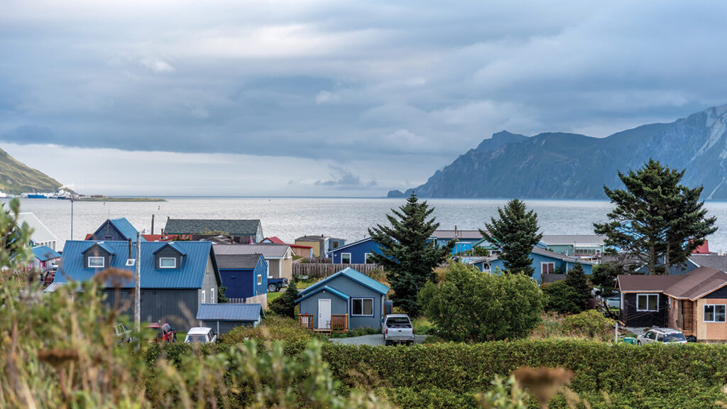View of a bay with buildings and vehicles in the foreground