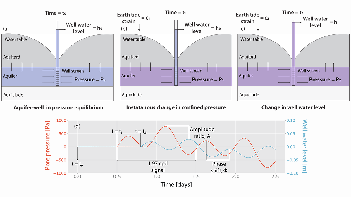 Diagrams from the paper that show a representation of the pore pressure change and well water level in a semi-confined aquifer due to Earth tide strains.