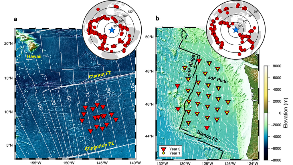 Two maps showing locations of seismic arrays.