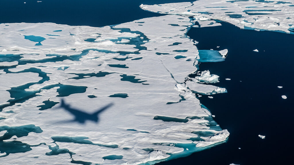 Aerial photograph showing melt ponds in a raft of sea ice. The shadow of the airplane is cast over the ice.