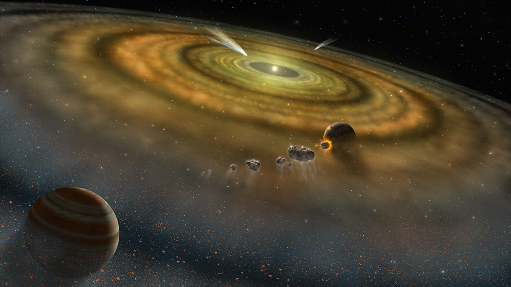 La visión de un artista que nos ofrece una visión de la formación de los planetas: Cerca de la estrella, las partículas de polvo se convierten en planetesimales y planetas similares a la Tierra. En la parte más lejana, el gas se acumula en los núcleos planetarios para la formación de gigantes similares a Júpiter.