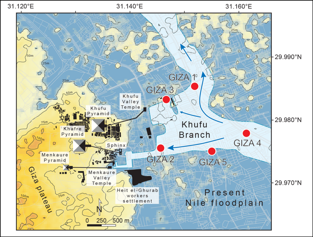 Map of Giza, Egypt, highlighting the pyramid complex and hypothesized location of the Khufu branch of the Nile.
