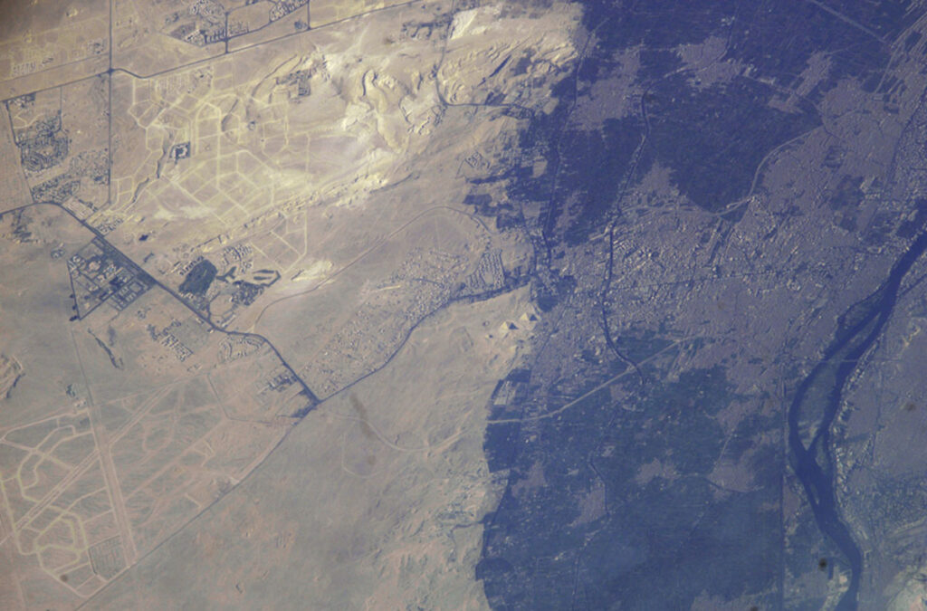 Satellite photo of the Giza pyramid complex with the Nile River to the east.