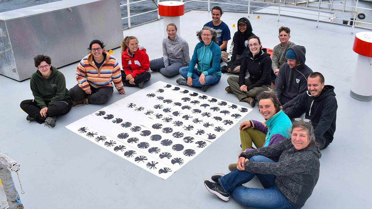 People sit on the prow of a boat around the paper on the deck.