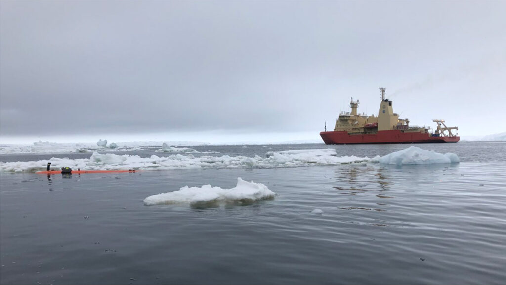 The research vessel Nathaniel B. Palmer studies the Thwaites Glacier in 2019.
