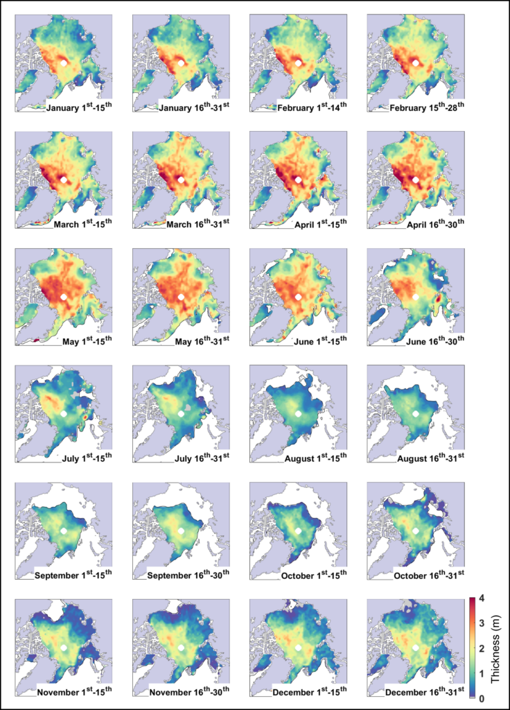 A mosaic of 24 graphs shows maps of sea ice thickness across the Arctic; each of the graphs shows ice fluctuation at bimonthly intervals through 2019.