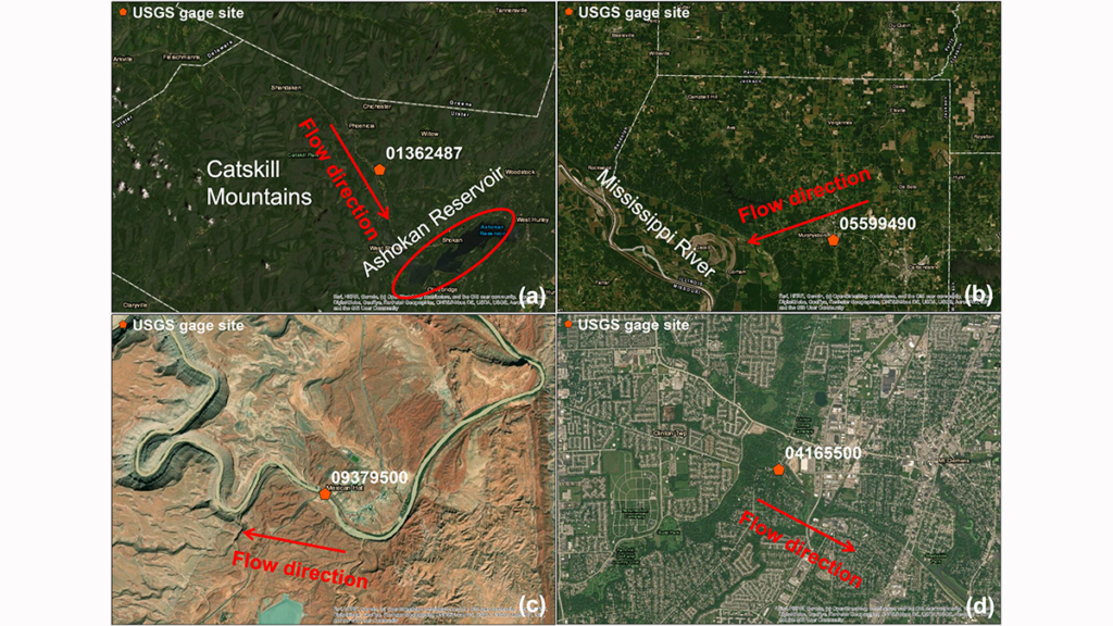 Satellite images of four different river basins.
