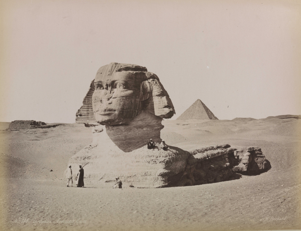 Nineteenth century photo of the Great Sphinx of Giza, partly buried in the sand