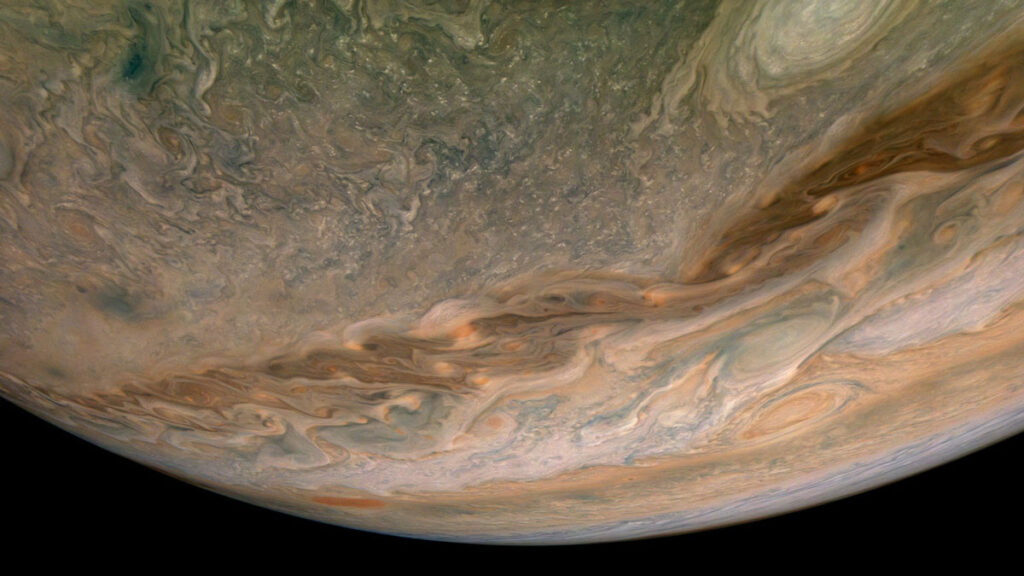 Swirling cloud bands in Jupiter’s northern hemisphere