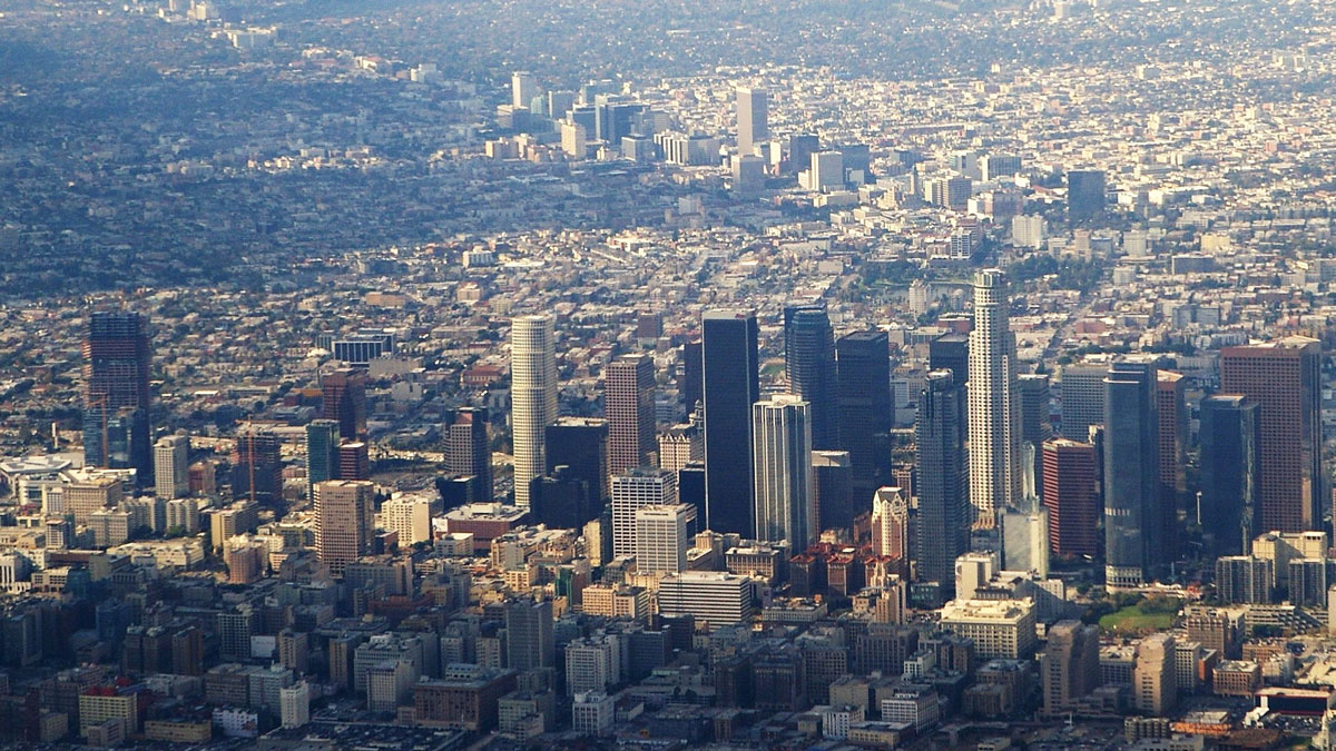 An aerial view of the skyline of Los Angeles.
