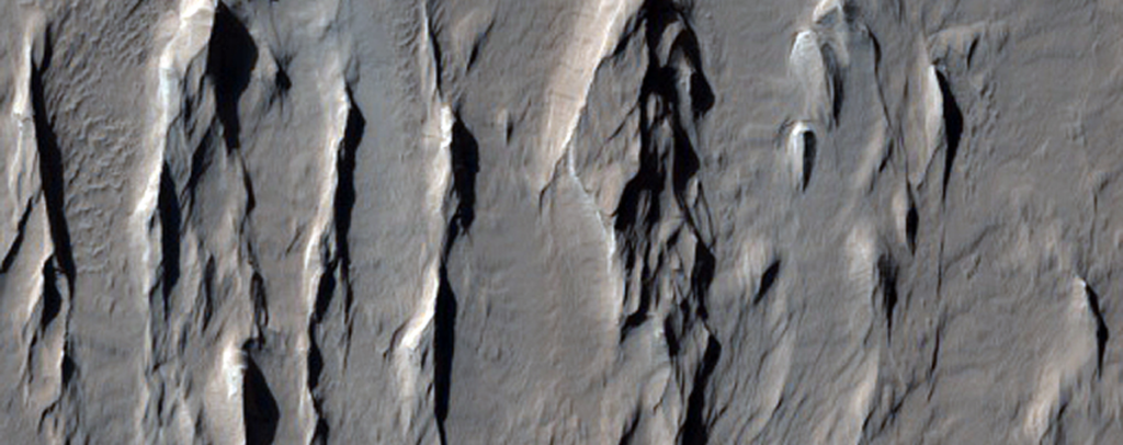 Satellite image of windblown rock formations called yardangs on Mars